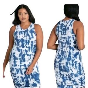 Peach Women's Sz Small Yumi Tye Dye Bodycon Ruching Stretch White Midi Dress NWT